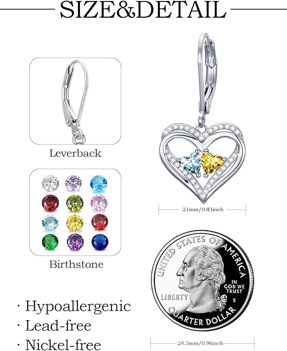 Valentines Day Gifts for Women, Heart Leverback Earrings Double Birthstone Dangle Earrings for Women, Love Jewelry for Her, Anniversary Birthday Gift for Mom Wife Girlfriend
