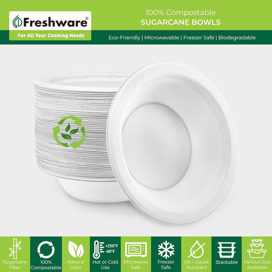 Freshware Paper Bowls - Disposable 12 oz. Soup Bowl, 150-Pack Biodegradable Sugarcane Fiber Serving Bowls - Heavy Duty Bagasse for Hot Food Plates - Microwave & Freezer Safe, Stackable Dinnerware
