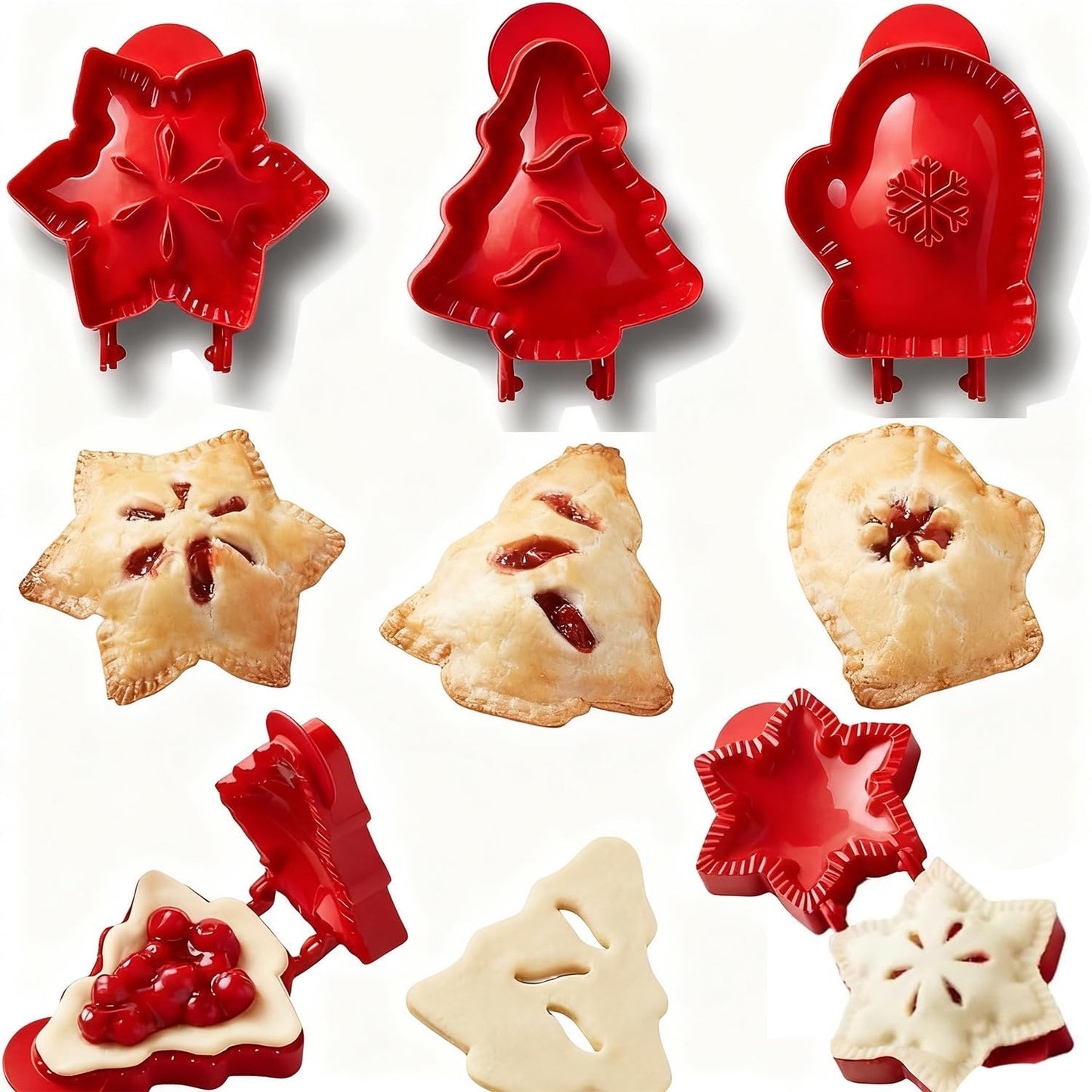 Holiday Mini Pie Molds, 3PCS Christmas Baking Hand Pie Press Mold Maker with Snowflake, Mitt & Xmas Tree, Party Potluck Hand Pie Molds for Festivals and Parties