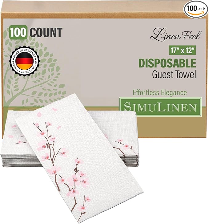 SimuLinen Cherry Blossom Disposable Guest Towels - Cloth-Like, Single-Use, Linen Feel Paper Towels, 12x17", 100ct (Made in Germany)