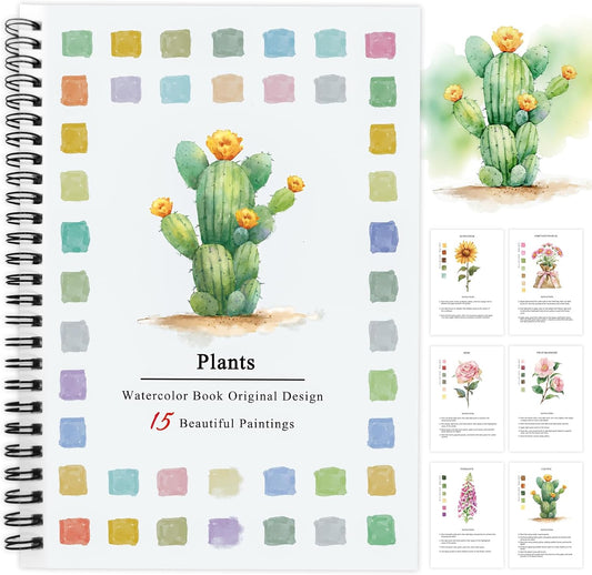 SLWBZ Watercolor Workbooks Coloring Book, Beginner Friendly Painting Kit, Easy Exquisite with Steps, Creative Exploration Watercolor Book with Paint Set for Adults Teens (Plants, Without Paint)