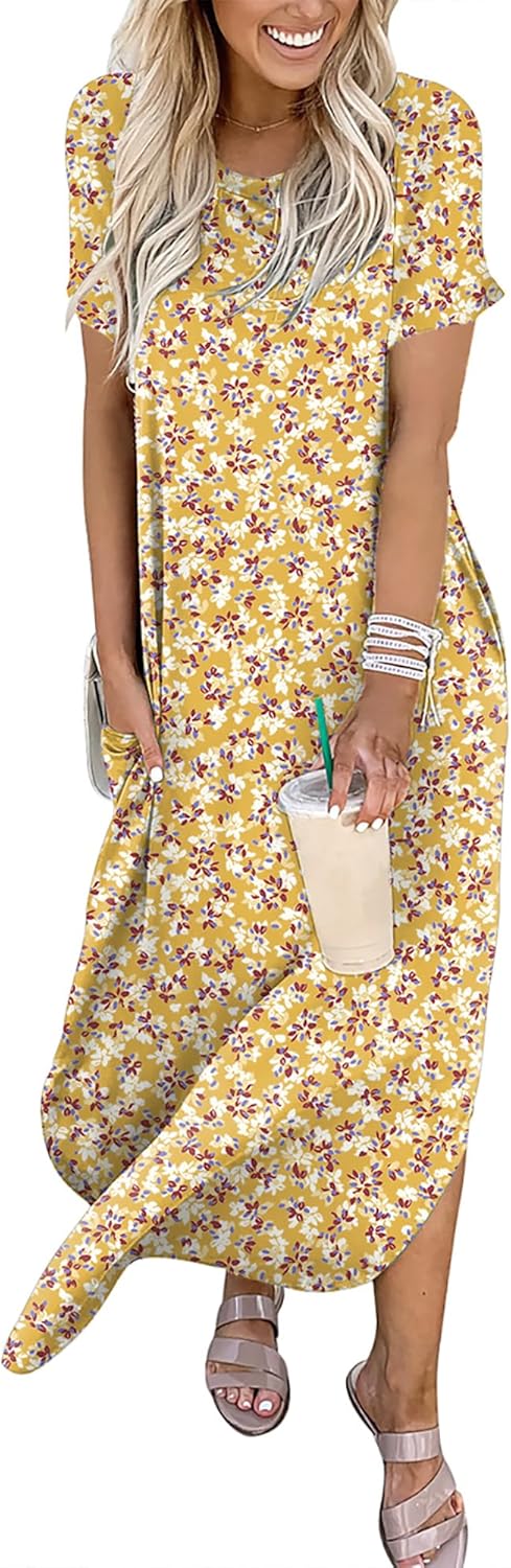 ANRABESS Womens Summer Maxi Dress Short Sleeve Casual Loose Long T Shirt Dresses Split Vacation Beach Sundress Travel Outfits