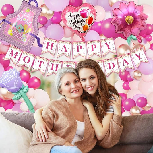 112PCS Mother's Day Balloons Arch Garland Kit Mothers Day Decorations Foil Mothers Day Balloon Flower Best Mom Balloon Latex Hot Pink Rose Gold Pink Balloons Happy Mother's Day Banner Birthday Decor