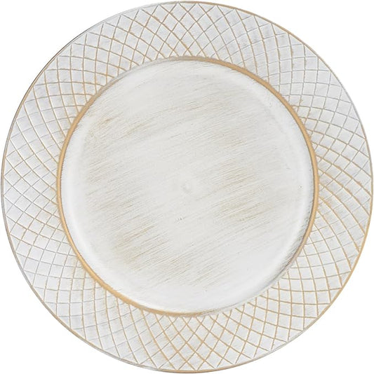 13" Charger Plates Set of 6, Antique Charger Plates Bulk Wedding, Round Dinner Chargers for Party, Birthday (Antique White)