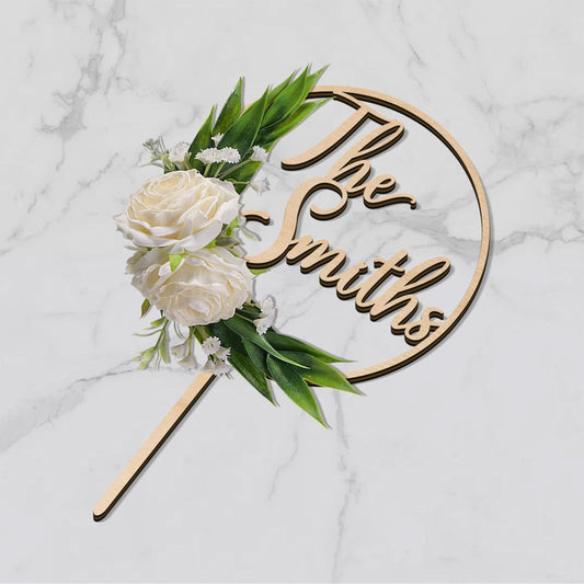 3D Flowers Wedding Cake Topper Custom Last Name Wedding Cake Decoration in Wood with 3D Artificial Roses