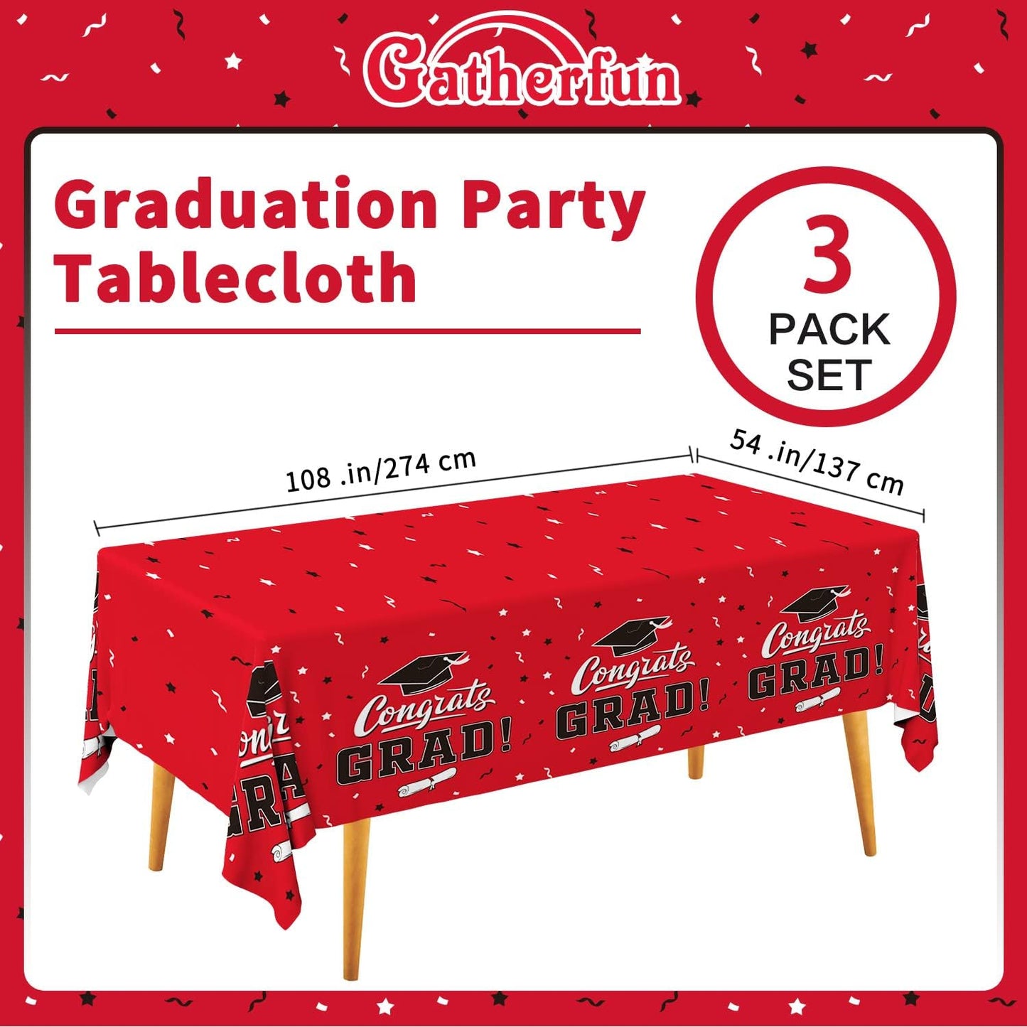 Graduation Party Decorations, Gongrats Grad Tablecover for Graduation Party Supplies, 3 pcs Class Red Table Cloths, 54"x108"