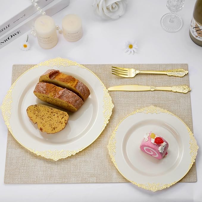 100 PCS Ivory and Gold Plastic Plates for 50 Guests, Gold Disposable Plates Include 50 PCS Dinner Plates, 50 PCS Dessert Plates for Party, Wedding and Graduation (100, Ivory White)