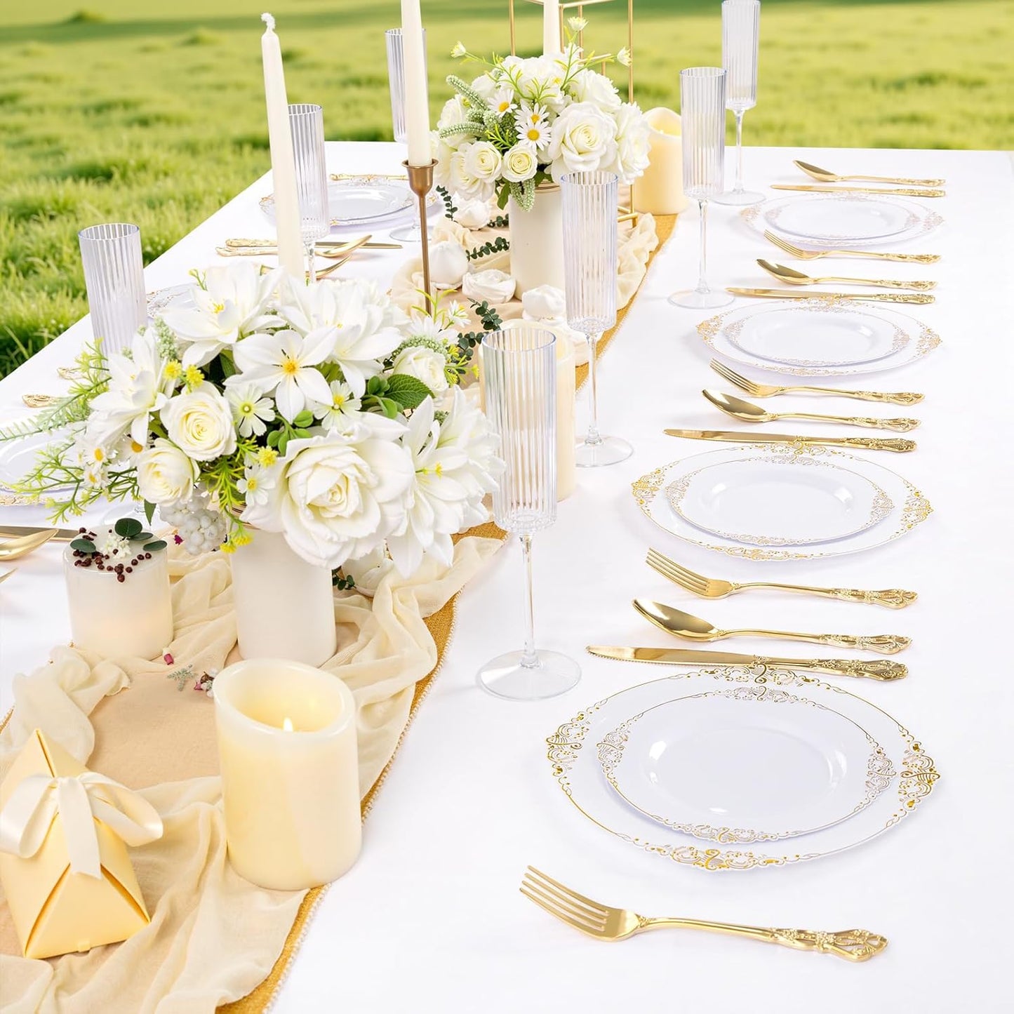 200PCS White and Gold Plates - Gold Plastic Plates - Fancy Disposable Plate - Gorgeous Christmas Dinner & Dessert Plate for 100 Guests for Wedding & Thanksgiving Party