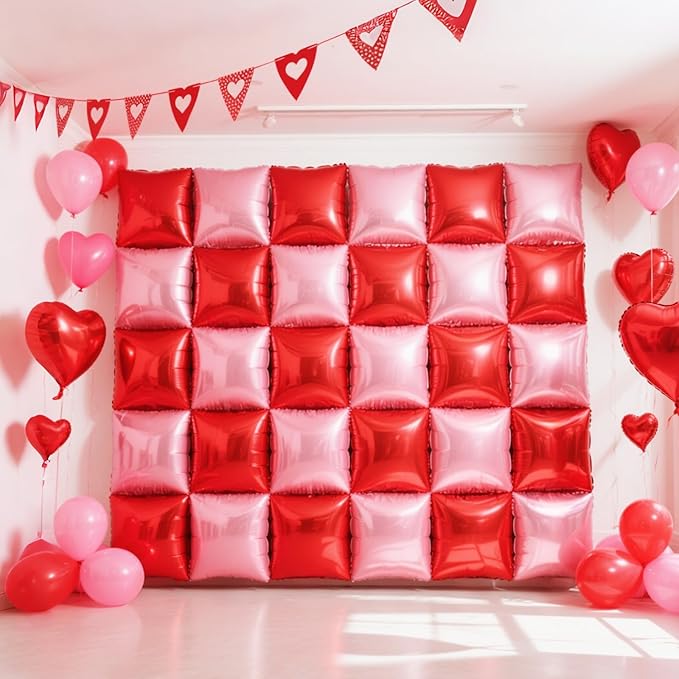 NISOCY 25PCS Red and Pearl Pink Square Foll Balloons Wall Backdrop Double Sided Red Pink Balloon Arch Kit for Birthday Bachelorette Anniversary Engagement Valentine's Day Strawberry Party Decoration
