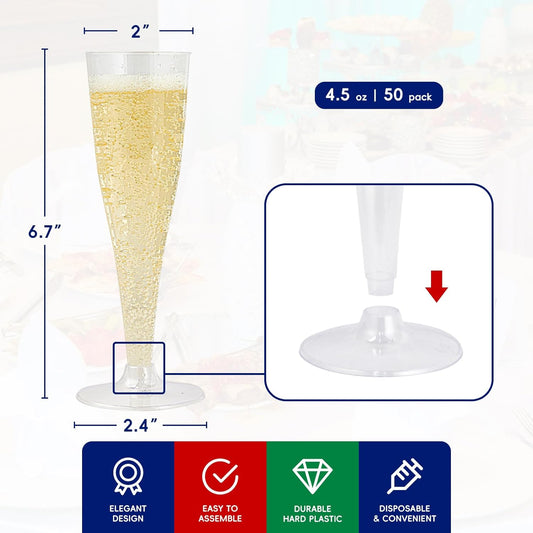 JOLLY CHEF 50 Pack Plastic Champagne Flutes Disposable 4.5 oz Clear Plastic Champagne Glasses Suitable for Wedding, Thanksgiving Day, Christmas