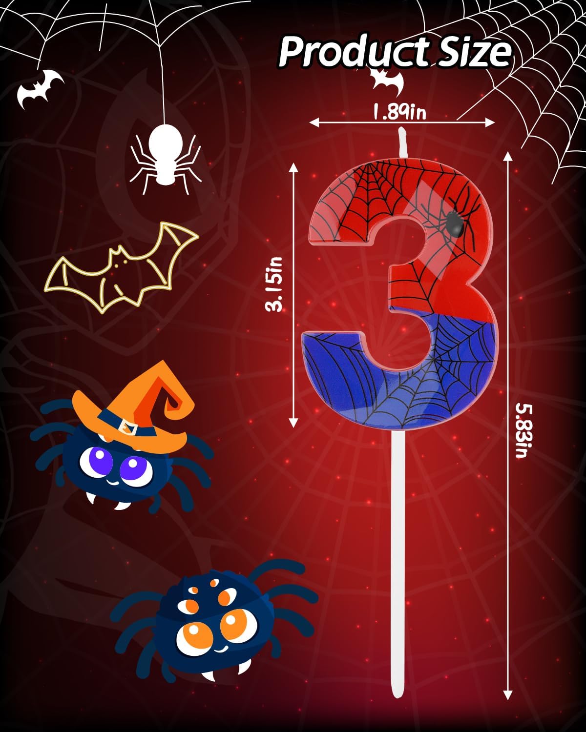 Number 3 Spider Themed Birthday Candle, 2.68 Inch Red Blue Spider Birthday Candles, Number Candles Birthday Cake Toppers Web Candles for Boy Girl Spider Party Decoration Supplies Halloween Party