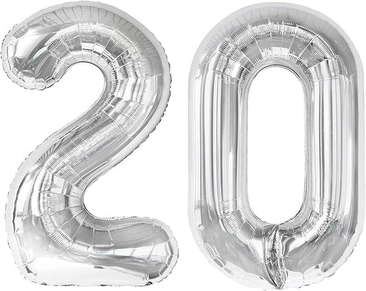 Silver Number 20 Balloon 40 inch, 20 Number Balloons, 20th Silver Birthday Decorations for Girls Boys Kids, 20 Year Old Silver Party Supplies