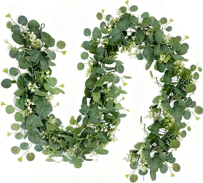 Artificial Eucalyptus Garland 5.9 Ft Faux Silk Leaf Silver Dollar Eucalyptus Leaves Vines Garland Greenery Wedding Backdrop Party Table Runner Room Mantle Indoor Outdoor Arch Wall Decoration (2PCS)