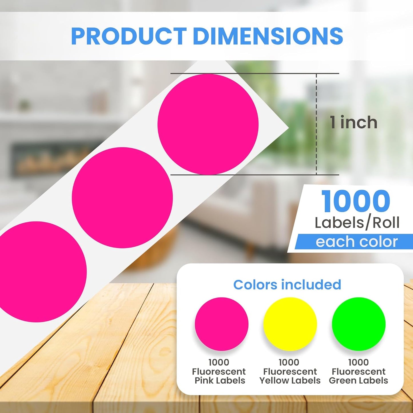 Perco 1-Inch Perforated Circle Dot Sticker Labels — 3 Rolls, 3,000 Round Fluorescent Stickers (1 Green, 1 Yellow, 1 Pink)—with Permanent Adhesive for Color Coding, Garage Sales, Crafts—Made in USA
