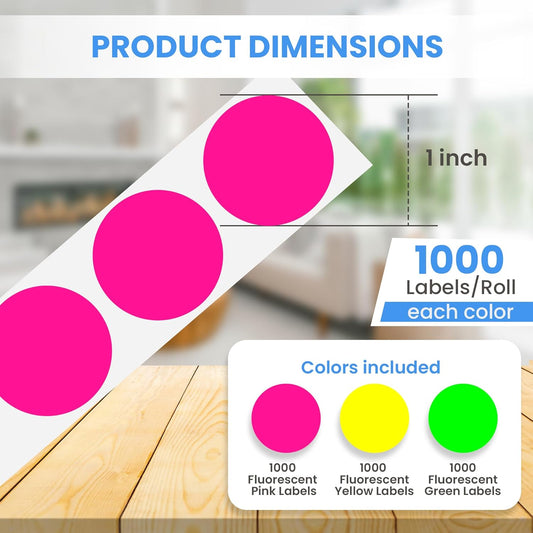 Perco 1-Inch Perforated Circle Dot Sticker Labels — 3 Rolls, 3,000 Round Fluorescent Stickers (1 Green, 1 Yellow, 1 Pink)—with Permanent Adhesive for Color Coding, Garage Sales, Crafts—Made in USA
