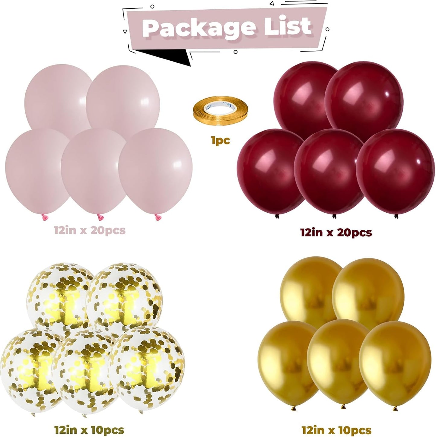 Pink Burgundy Gold Balloons Confetti Metallic Chrome Gold Balloon 60pcs 12inch Wine Red Gold Light Pink Latex Helium Balloon for Wedding Bridal Anniversary Maroon Party Decorations