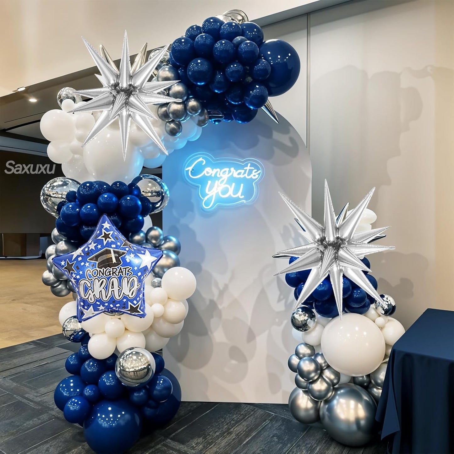 Blue and Silver Balloon Arch Kit, Blue Silver White Balloons Garland Kit, Star Foil Balloons Navy Metallic Blue Balloon For Graduation Birthday Anniversary Bachelorette Party Wedding Decoration