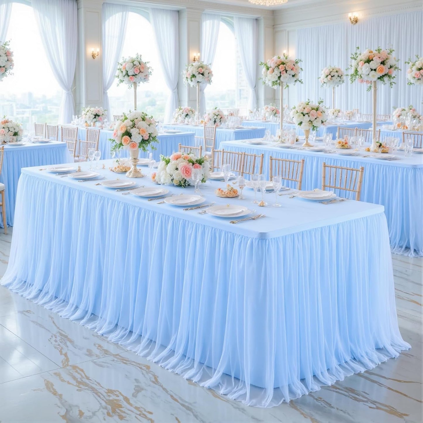 Suppromo Baby Blue Tulle Tablecloth for 4 Foot Rectangular Tables, 48 x 24 Inch White Rectangle Table Cloth, Wrinkle Free Table Cover with Tutu Skirt for Wedding Birthday Party Banquet Tablecover