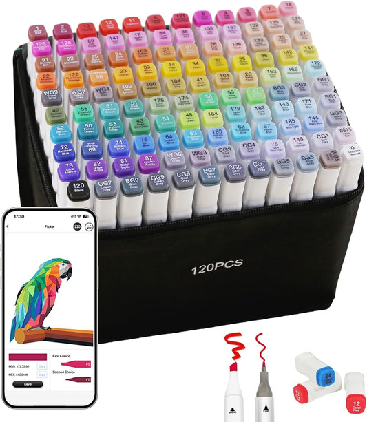 Alcohol Markers with APP, 120 Colors Dual Tip Art Marker for Adults Coloring Books, Alcohol Based Illustration Markers Set for Adult Artist Drawing Sketching Painting Lettering Cards