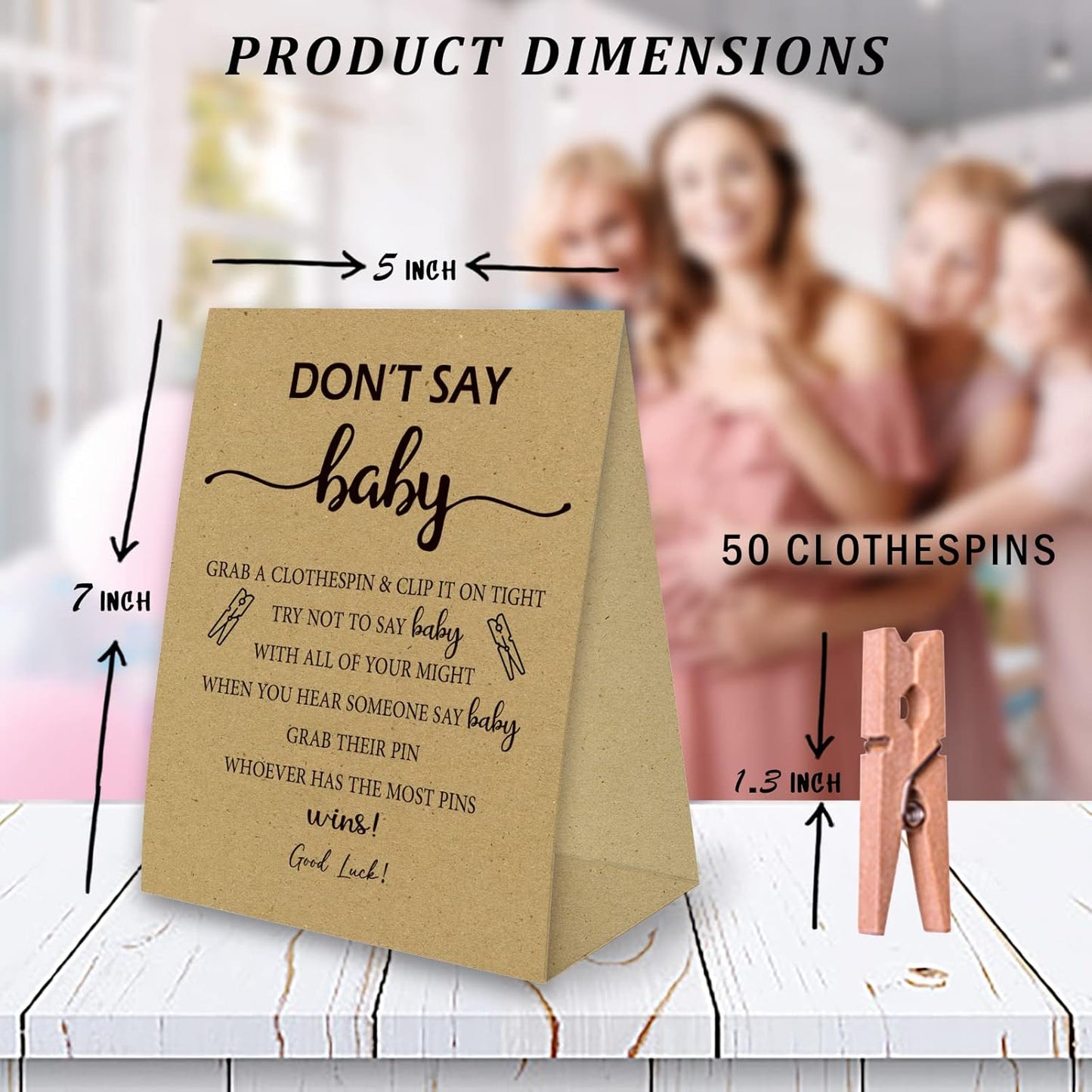 Don't Say Baby Game For Baby Shower Clothespin Game, One 5x7 Kraft Sign And 50 Natural Clothespins, Minimal Style, Gender Neutral -NDSBB01