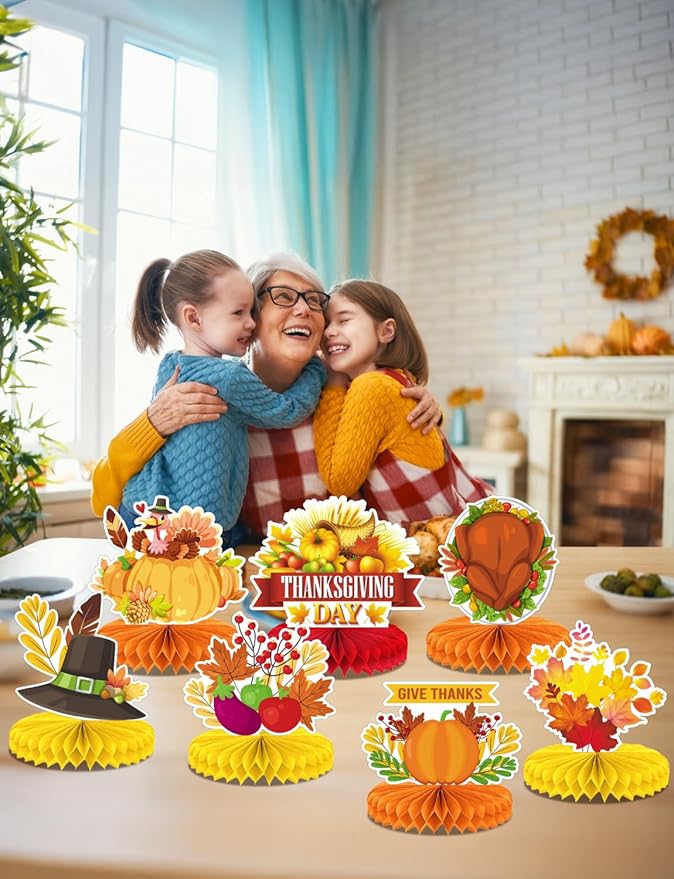 Thanksgiving Table Decorations - 9Pcs Fall Honeycomb Centerpieces for Tables with Pumpkins, Sunflowers, Scarecrow, Squirrel for Thanksgiving Dinner, Autumn Harvest Festival, Rustic Fall Party Decor