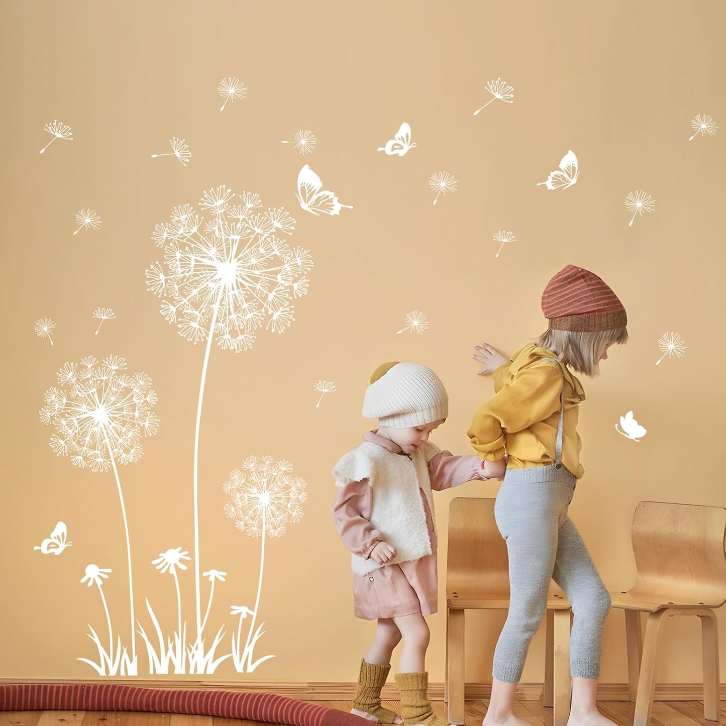 2 Sheets Dandelion Wildflower Wall Decals Art, Wall Stickers Peel and Stick Floral Butterflies Flying Decor for Girls Kids Women Baby Nursery Living Room Bedroom Bathroom Hallway Stairwell (White)