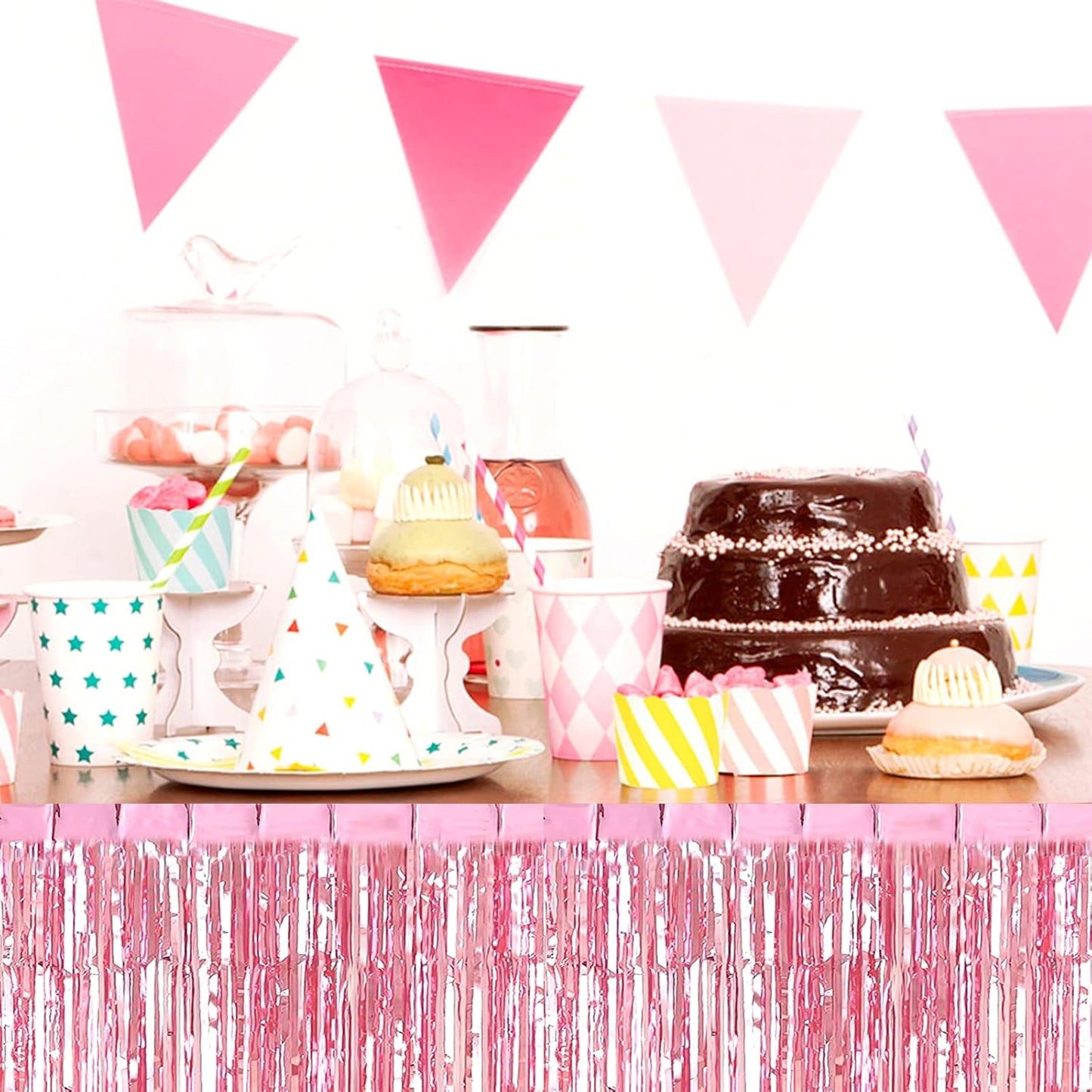 6 Pack 29x108 Inch Pink Metallic Foil Fringe Table Skirts Banner for Tinsel Streamer Garland Curtains Backdrop for Parade Floats Wedding Baby Shower Birthday Christmas Halloween Party Decoration