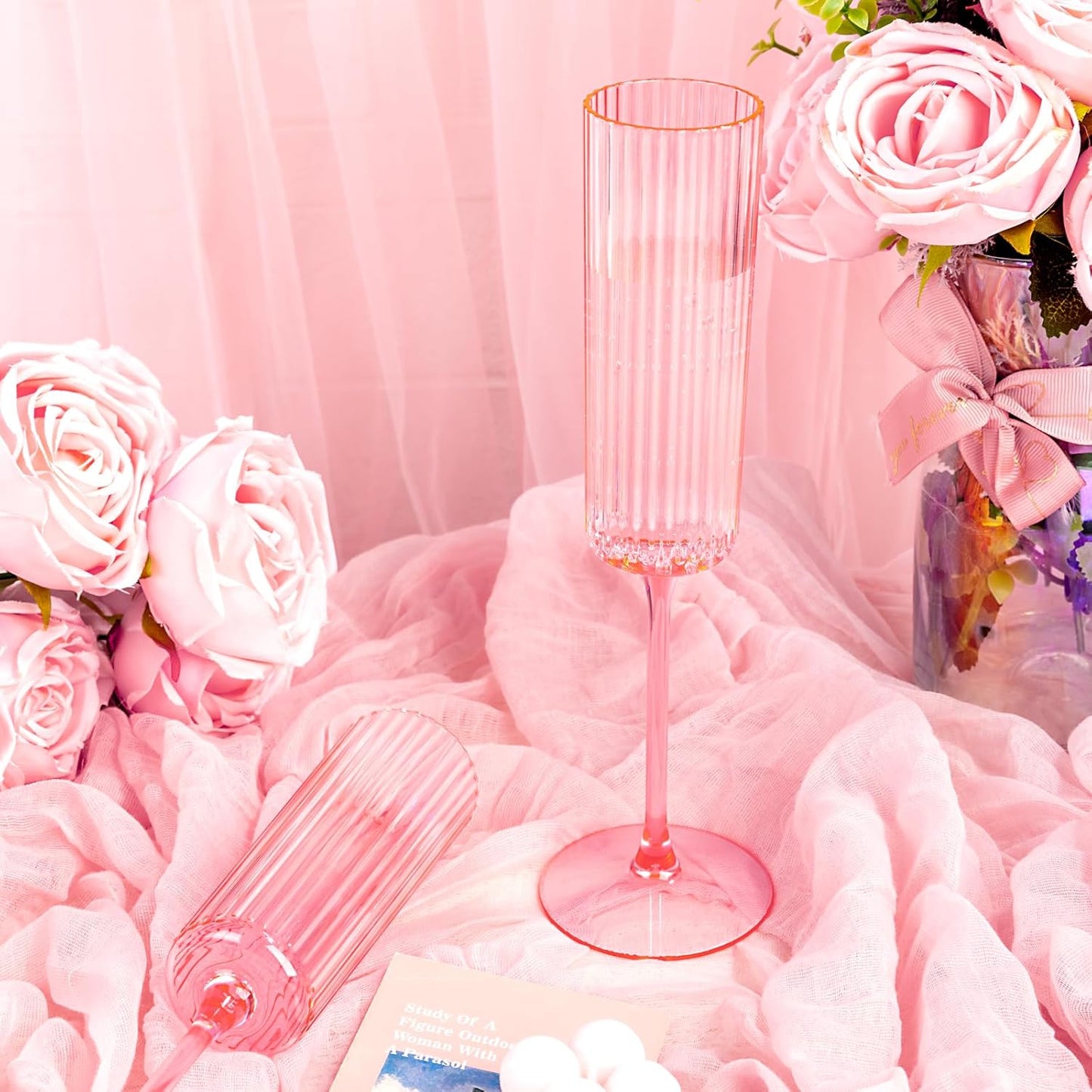 36 Pack Pink Plastic Champagne Flutes - 6oz Ribbed Disposable Champagne Glasses - Clear Pink Vintage Mimosa Glasses with Long Stem Elegant & Lightweight for Wedding Party