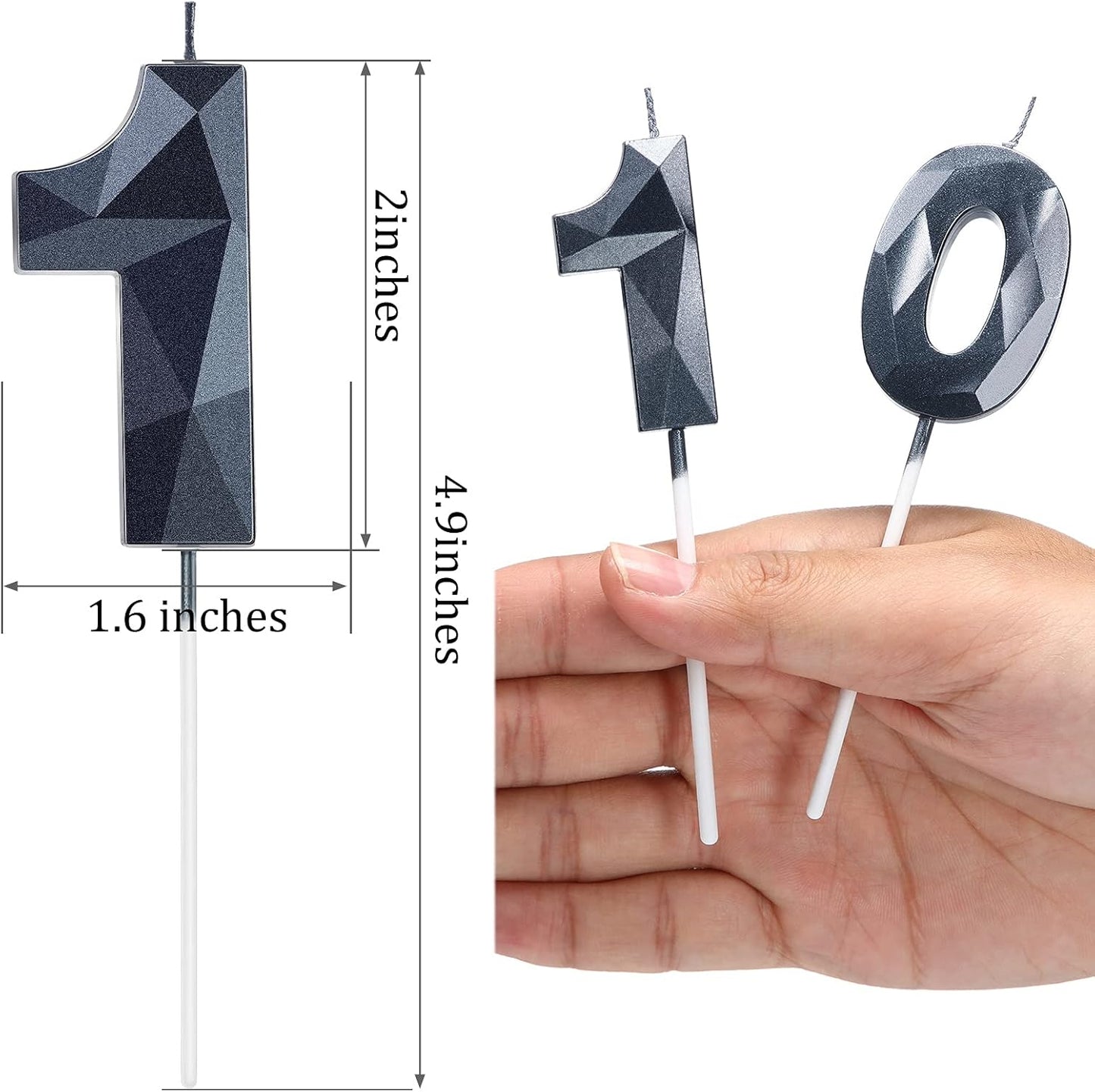 Nuanchu 10th Birthday Candles 3D Diamond Shape Number Candles Numeral Birthday Cake Topper Ten Years Old Cake Topper for Family Baking Theme Party Decoration Supplies (Black)