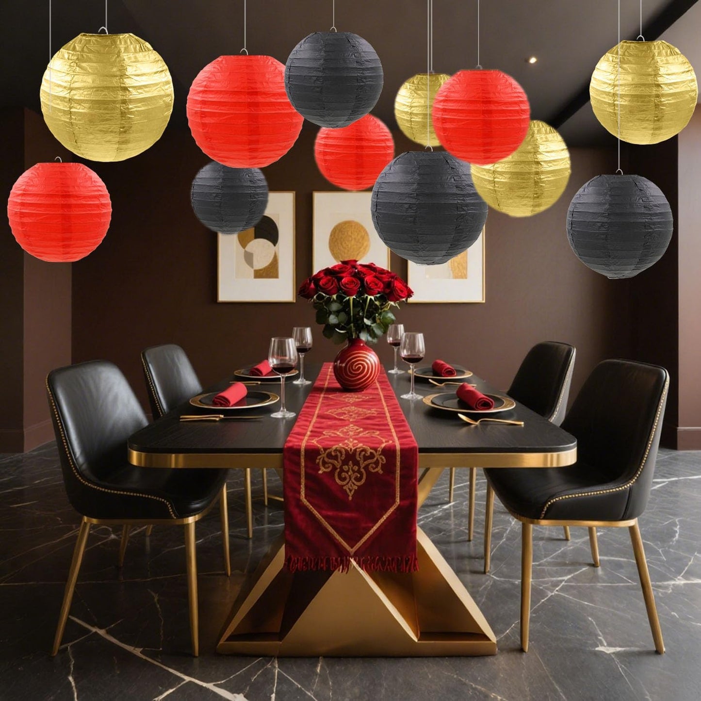 12 Pcs Red Black Gold Paper Lanterns Round Hanging Paper Lanterns for Birthday Wedding Graduation New Year Bachelorette Party Decoration