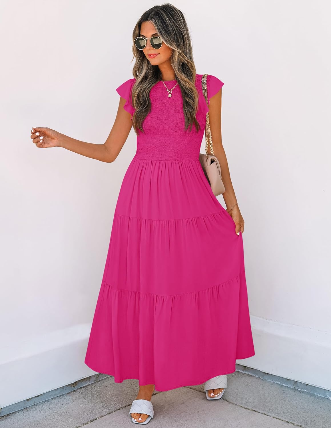 ZESICA Women's 2025 Summer Casual Flutter Short Sleeve Crew Neck Smocked Elastic Waist Tiered Midi Dress