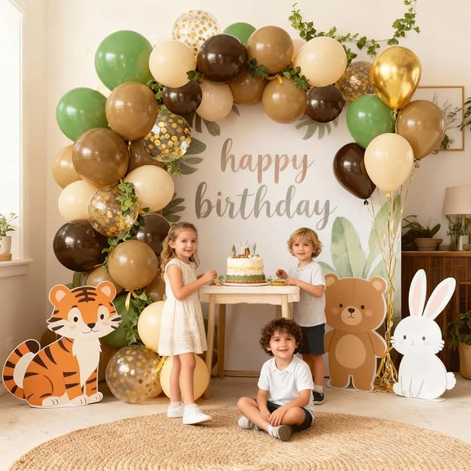 Zesliwy Sage Green Brown Balloons Set,50pcs 12inch Retro Green Dark Brown Nude Balloon and Tan Metallic Gold with Confetti Balloon for Jungle Safari Hunting Woodland Forest Birthday Party Decoration