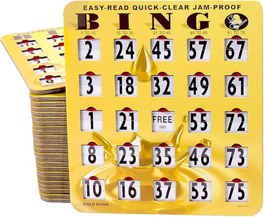 MR CHIPS Jam-Proof Easy-Read Quick-Clear Large Print Fingertip Slide Bingo Cards with Sliding Windows 50 Pack in Gold Rush Style