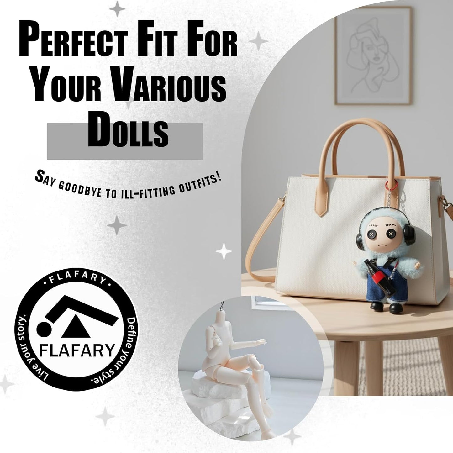 Doll Clothes for 17cm Dolls (No Doll Included) - Stylish and Adorable Outfits for Boys and Girls, Toy Fashion Accessories, Include Headphones, Small Bottle Pendant, Canvas Shoes(Black)
