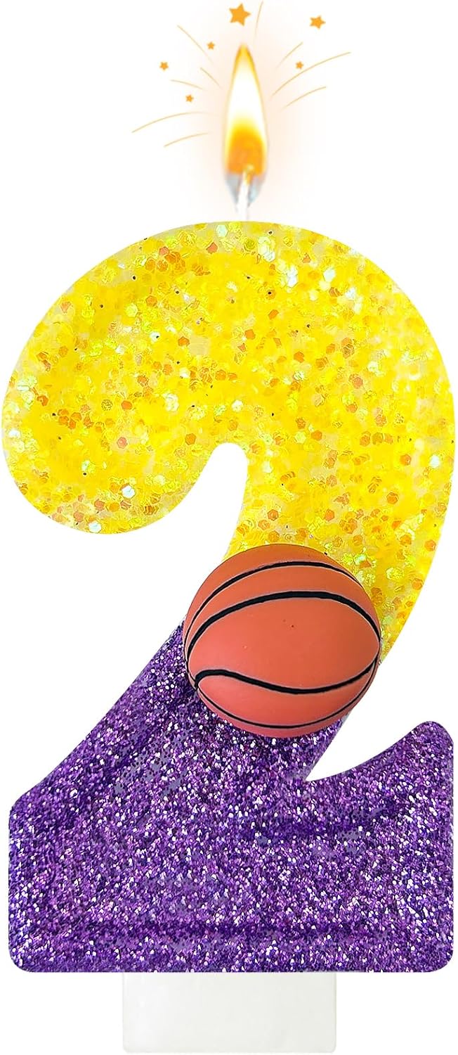 HXOUSE Basketball Number 2 Birthday Candles - Purple Gold Birthday Candles for Cake, 2 Candle for Basketball Theme Cake Topper, Boys Sport Party Decorations Gifts (No.2)