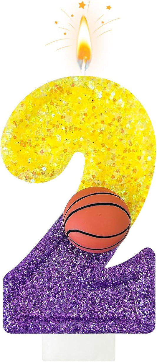 HXOUSE Basketball Number 2 Birthday Candles - Purple Gold Birthday Candles for Cake, 2 Candle for Basketball Theme Cake Topper, Boys Sport Party Decorations Gifts (No.2)