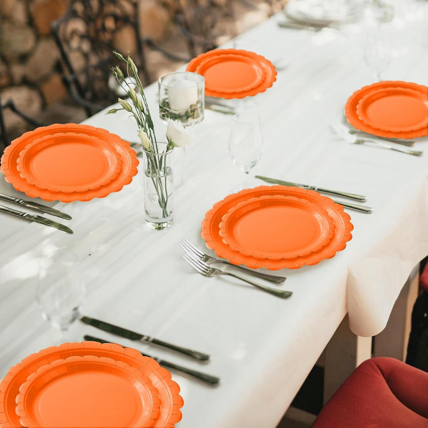 BEFORYOU 50PCS Scalloped Disposable Paper Plates Dessert Cake Party Plates for Baby Shower, Wedding,Bridal Shower Birthday Party Supplies (Orange, 7IN and 9IN)
