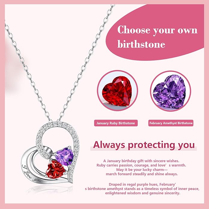 Double Birthstone Heart Necklace 0.8CT Dual-Gemstone S925 Sterling Silver Plated White Gold Engraved I Love You Perfect Anniversary/Valentine's Day Gift for Wife/Girlfriend/Mom/Daughter