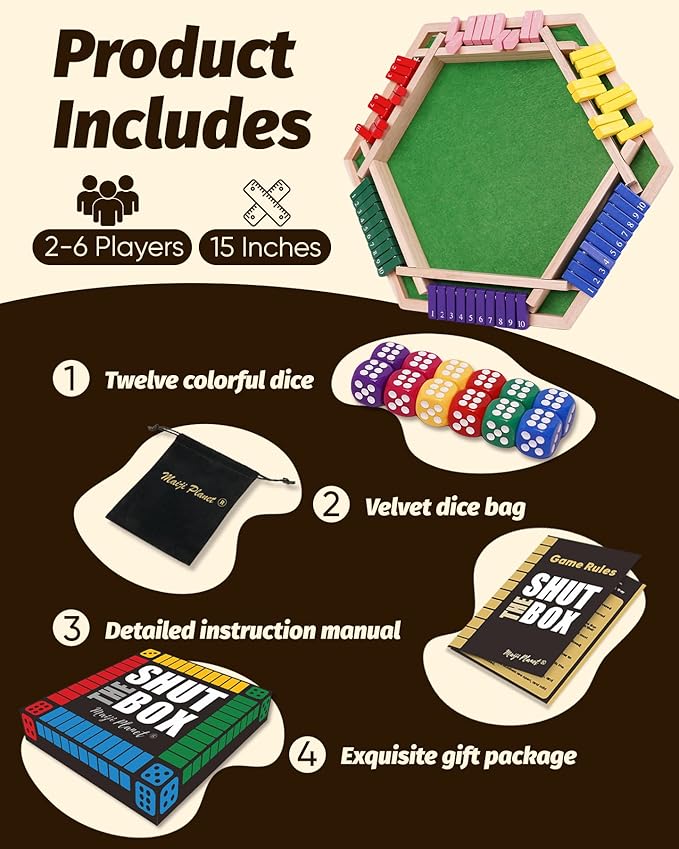 Maiji Planet Original Classic 2-6 Player Shut The Box Game, Math Dice Board Game for Family Night Classroom Travel, Wooden Classic Table for Group Kid Adult Senior Travel Party Bar Easy Quick and Fun