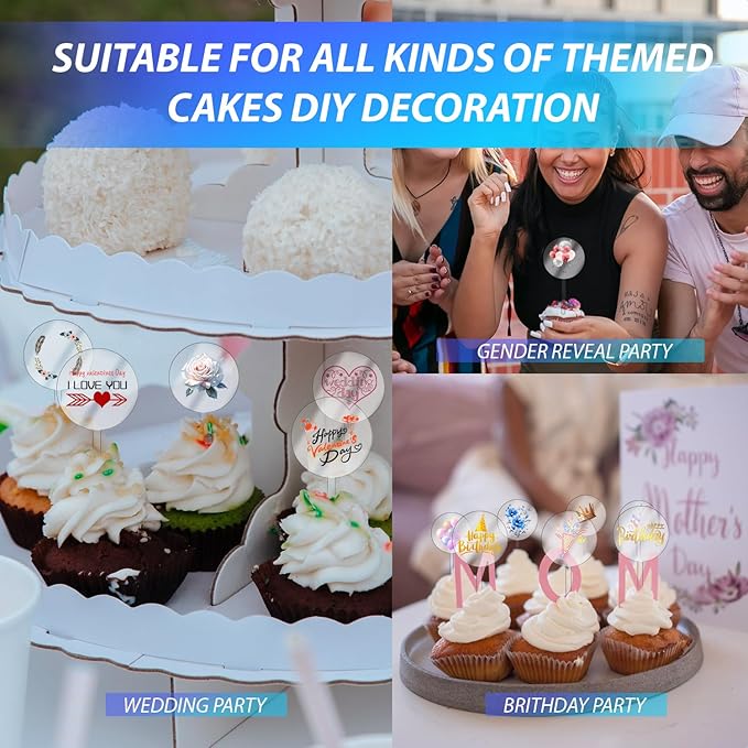24 Pcs 2 Inch Clear Blank Acrylic Cupcake Toppers Round DIY Custom Cupcake Topper，Personalized Cupcake Topper Sticks for Birthday Party Baby Shower Wedding Party Decoration