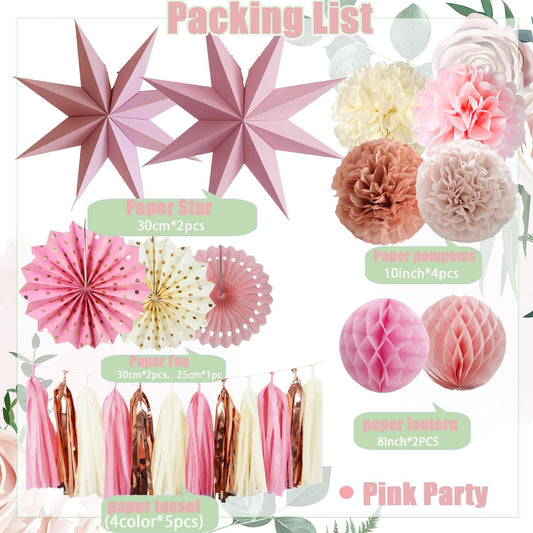 Pink Party Decorations - Dusty Pink Birthday Decoration - 15PCS Boho Decorations for Women Men Girl Boy,Hanging Backdrop Decor for Engagement,Boho Wedding,Baby Shower,Bridal Shower,Garden Party