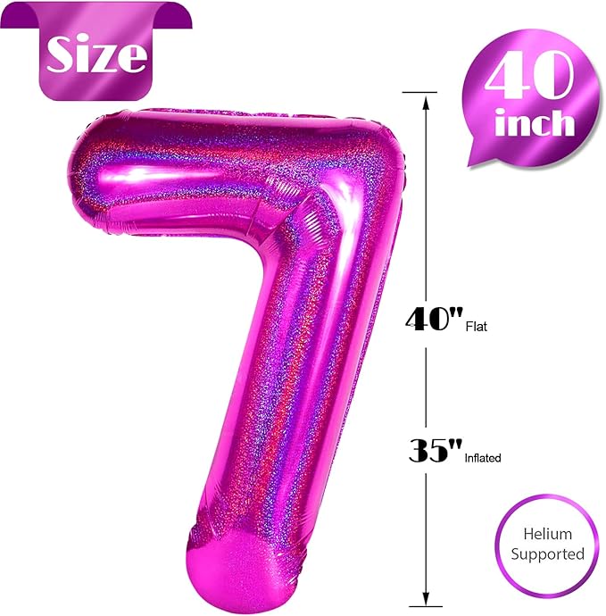 Laser Hot Pink 7 Balloon, Number Balloons 40 Inch, 7th Birthday Decorations for Girls Kids, Party Decoration for Women, Number 7 Balloon