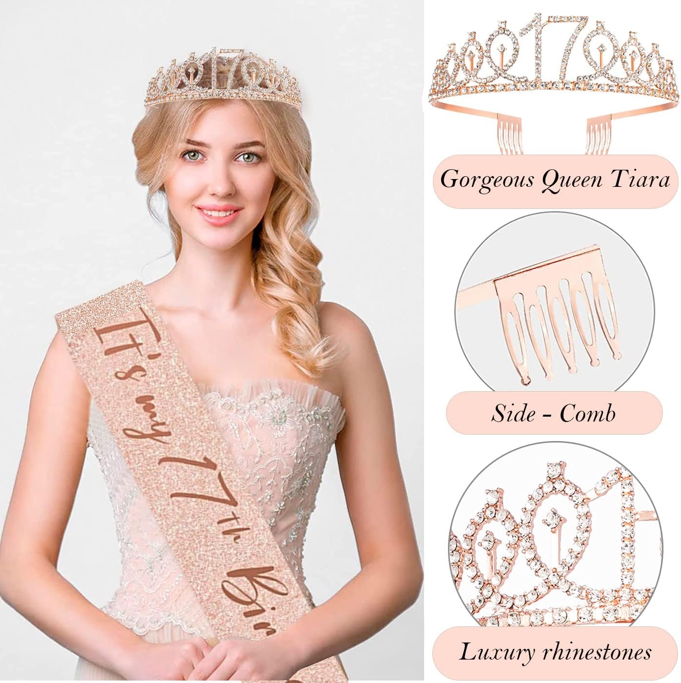 17th Birthday Decorations for Girls, 17th Birthday Sash and Crown, Cake Topper, Number Candles and Balloons, 17 Year Old Gifts for Girls