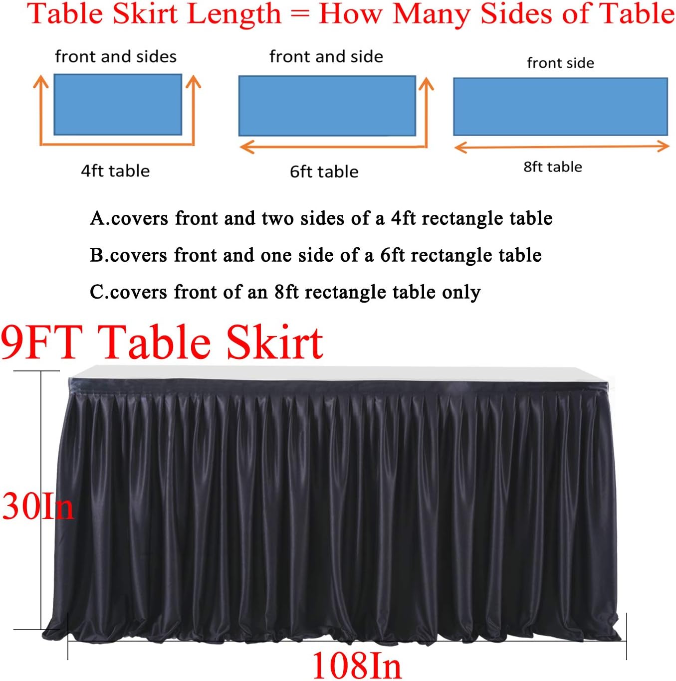 9ft Black Table Skirts for Rectangle Tables Polyester Table Skirt Desk Skirts Ruffle Tablecloth Skirt for Birthday Party Banquet Black Theme Party Wedding Bridal Shower Table Decorations