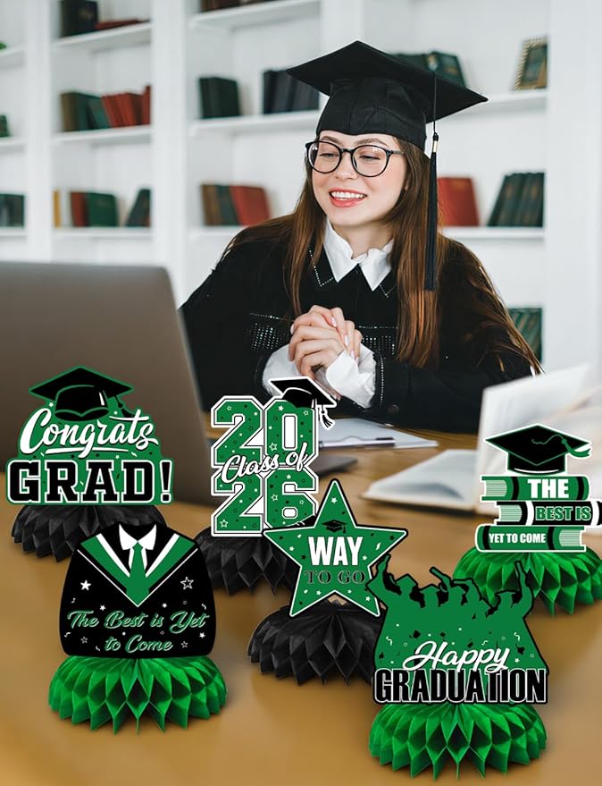 Graduation Table Decorations 2026,Green Graduation Centerpieces for Tables, 9Pcs Honeycomb Centerpieces, 3D Congrats Grad Table Toppers for Grad Party Decorations, Class of 2026 Decor