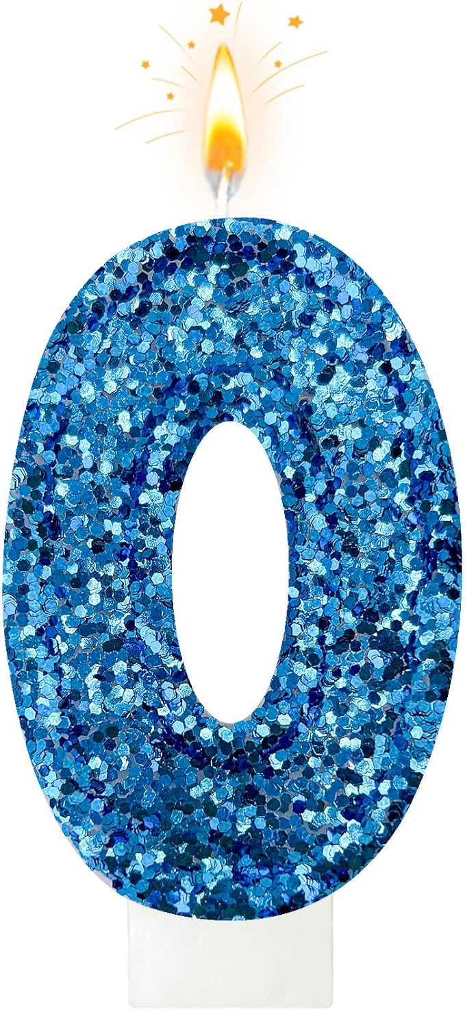 Zailo Birthday Number Candles, Glitter Number Candle Cake Decorations with Sequins, Cupcake Decorations for Girls, Women, Party Anniversary Celebrations (Number 0, Blue)