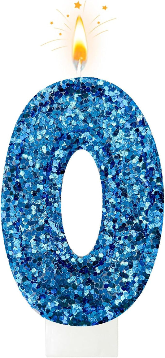 Zailo Birthday Number Candles, Glitter Number Candle Cake Decorations with Sequins, Cupcake Decorations for Girls, Women, Party Anniversary Celebrations (Number 0, Blue)