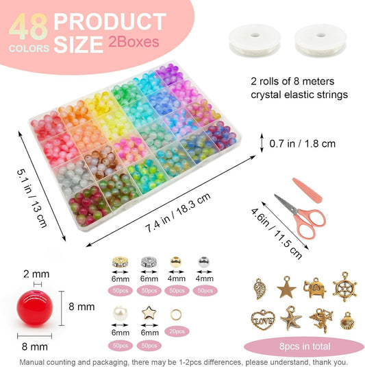 Dayify 1500 Pcs 48 Colors Glass Beads Bracelet Making Kit, 8mm Crystal Beads for Jewelry Making, Round Glass Beads with Charms for Bracelets and DIY Crafts (29 Mermaid Colors and 19 Solid Colors)