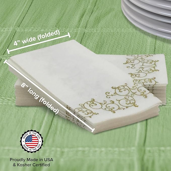 SimuLinen Gold Floral Disposable Linen Feel Bathroom Paper Towels - Soft, Cloth-Like, Single-Use, 12"x17" 100ct (Made in USA)