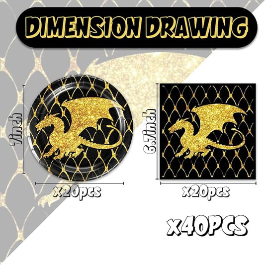40Pc Gold Black Dragon Party Plates and Napkins for 20 Guests - Tableware Black and Gold Dragon Supplies for Fantasy Baby Shower Birthday Party Decorations
